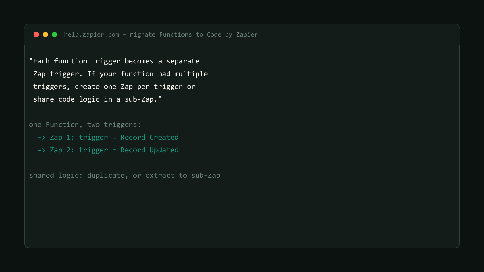 A terminal window showing the real Zapier migration guidance: each function trigger becomes a separate Zap trigger, so a multi-trigger function must split into one Zap per trigger