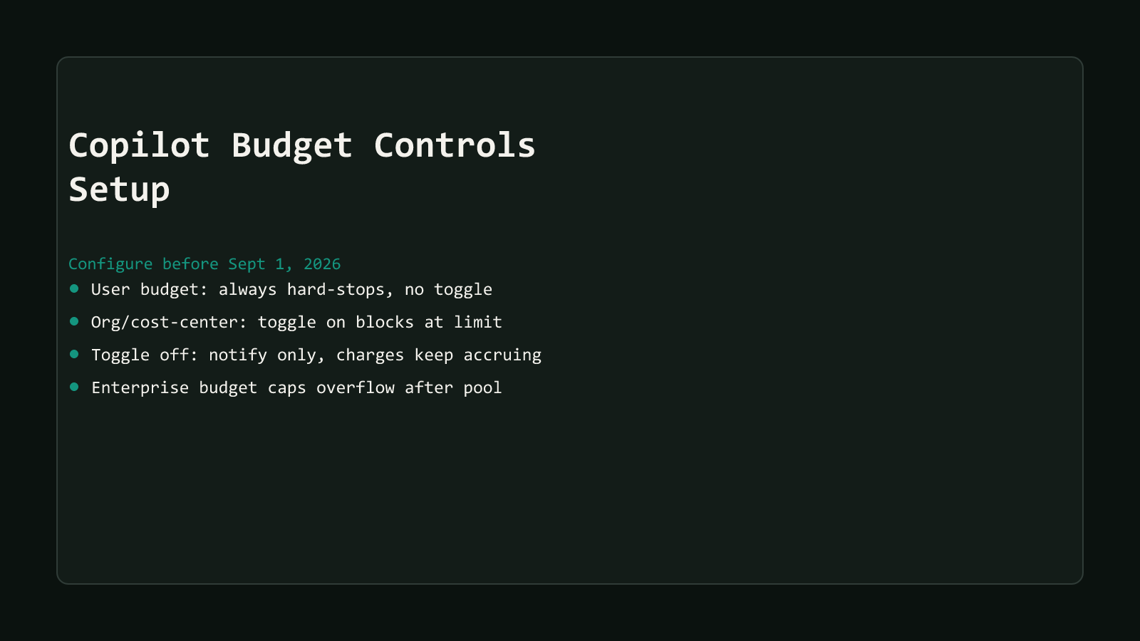 A dark comparison-matrix style cover reading Setting Copilot Budget Controls Before the Sept Cliff, listing four row summaries: universal user-level budget always hard-stops no toggle, individual user overrides take precedence, org and cost-center budgets carry a stop-usage toggle, and enterprise spending limit caps metered overflow