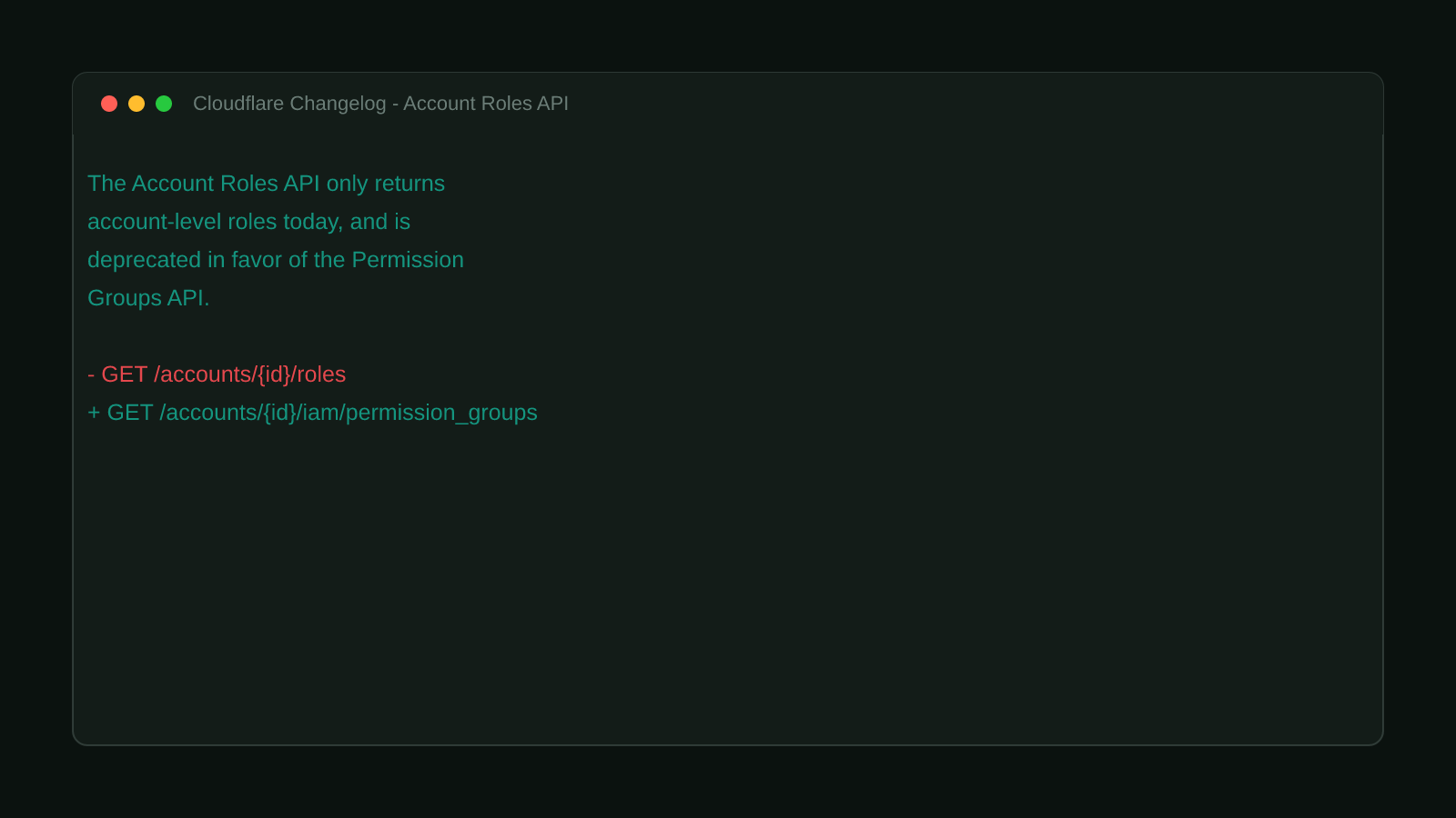 A terminal window showing the real Cloudflare changelog entry: the Account Roles API only returns account-level roles today, and is deprecated in favor of the Permission Groups API