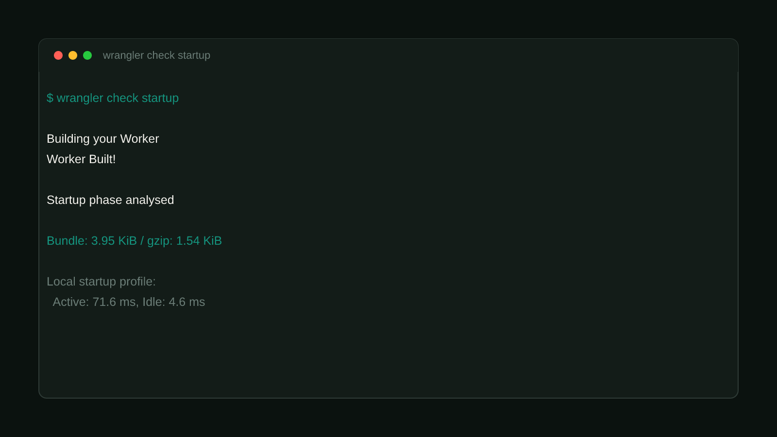 A real terminal capture of wrangler check startup run against this site's own Worker, showing a 3.95 KiB bundle and a startup profile