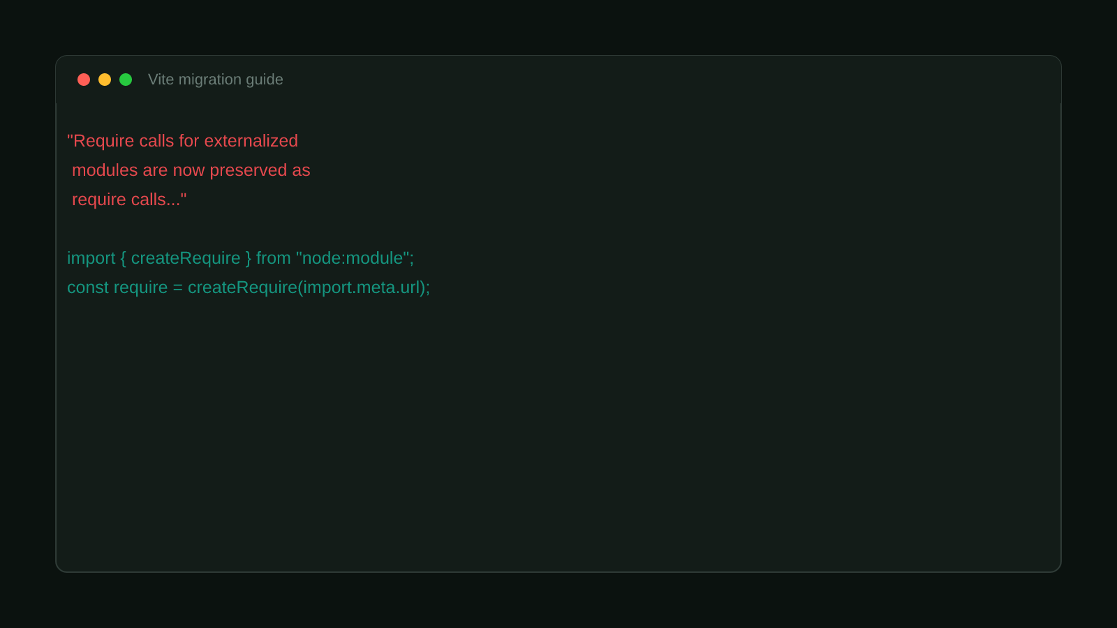 Vite's own migration guide text stating require calls for externalized modules are now preserved as require calls, next to a Node.js createRequire interop fix