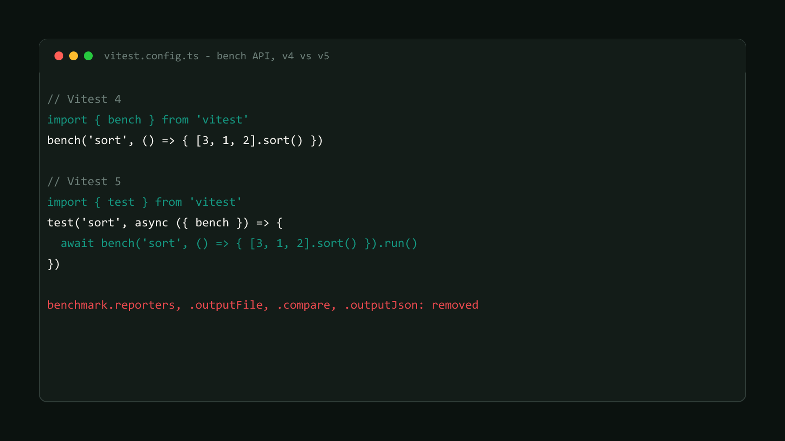 Terminal window comparing Vitest 4's top-level bench import against Vitest 5's bench fixture destructured from test(), with the four removed benchmark config options listed in red