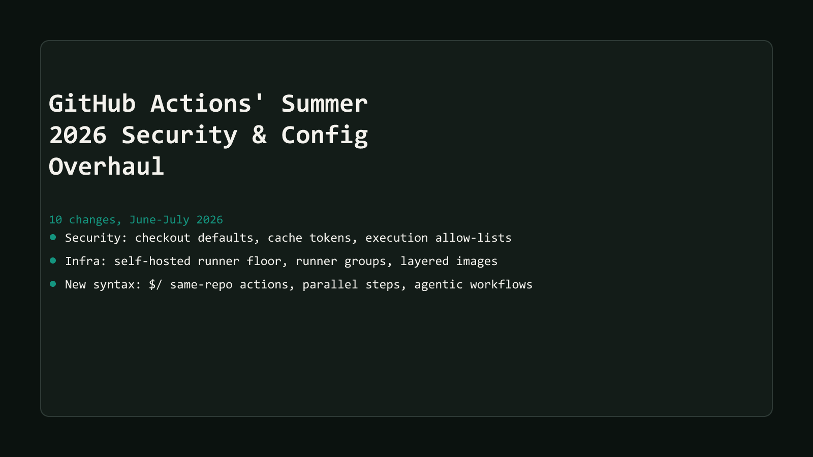 A dark comparison-matrix style cover listing GitHub Actions' summer 2026 changes across three groups: security (checkout defaults, cache tokens, execution allow-lists), infrastructure (self-hosted runner floor, runner groups, layered images), and new syntax ($/ same-repo actions, parallel steps, agentic workflows)