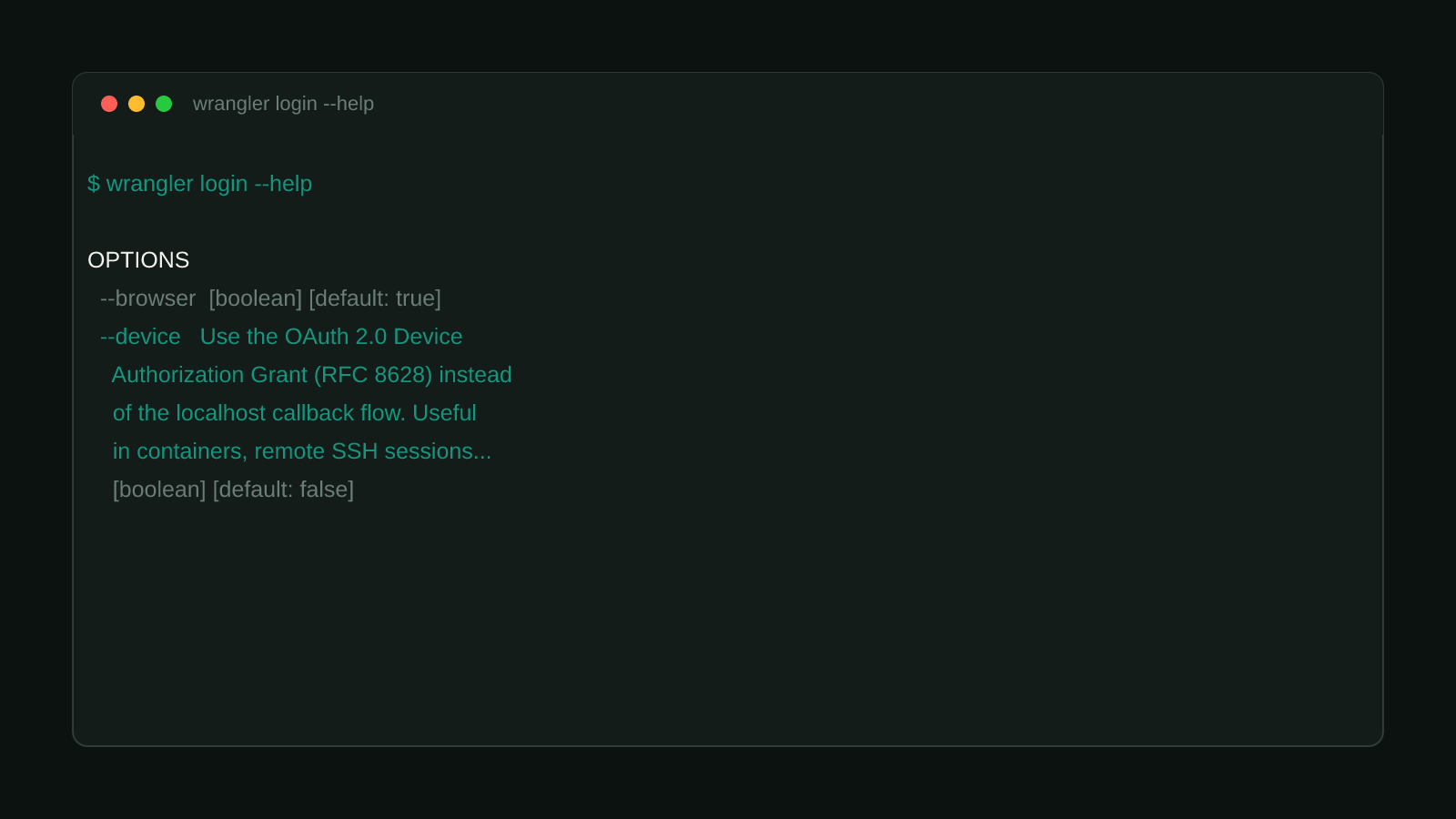 A real terminal capture of wrangler login --help, showing the actual --device flag description for the OAuth 2.0 Device Authorization Grant