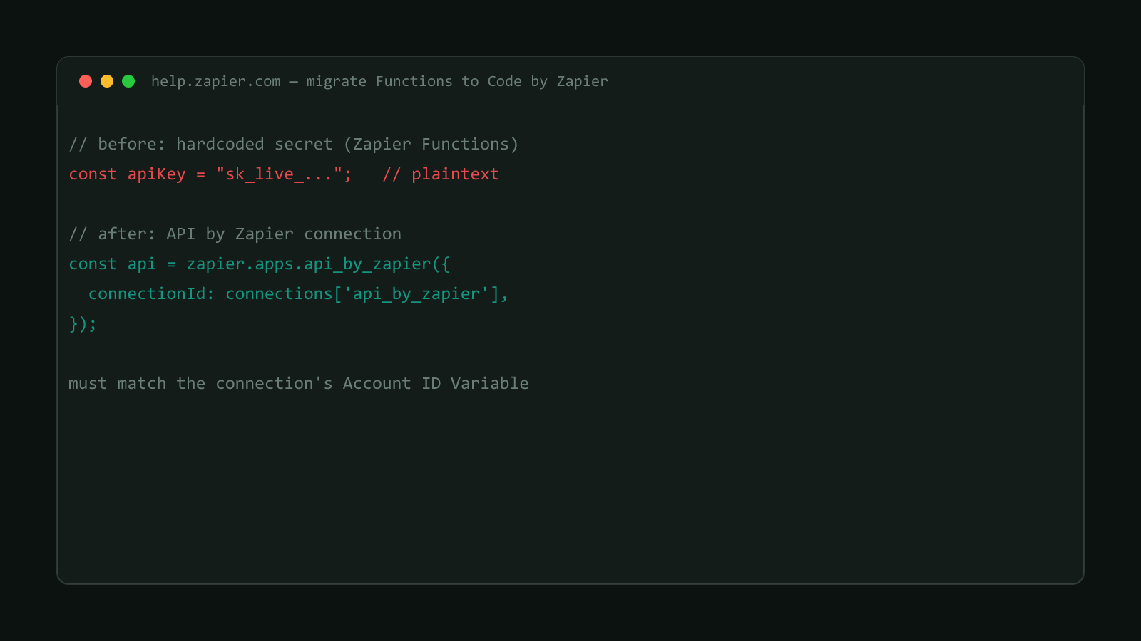 A terminal window showing the connections['api_by_zapier'] binding syntax from Zapier's real migration guide for moving hardcoded secrets out of Function code