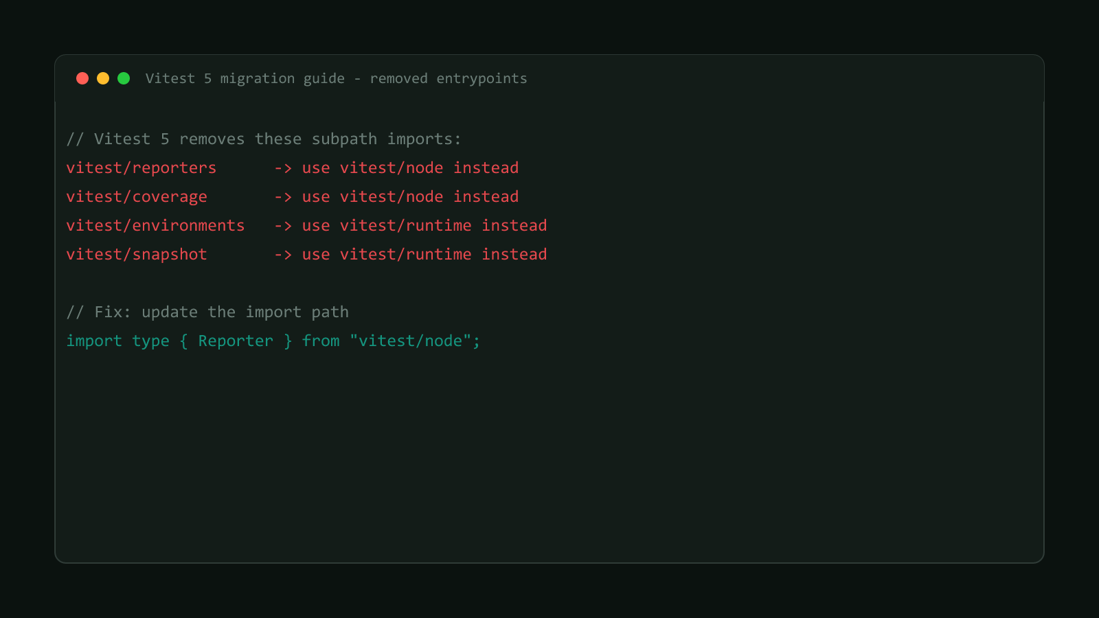 A dark code editor style panel titled Vitest 5 migration guide - removed entrypoints, listing vitest/reporters, vitest/coverage, vitest/environments, and vitest/snapshot each mapped to their documented replacement