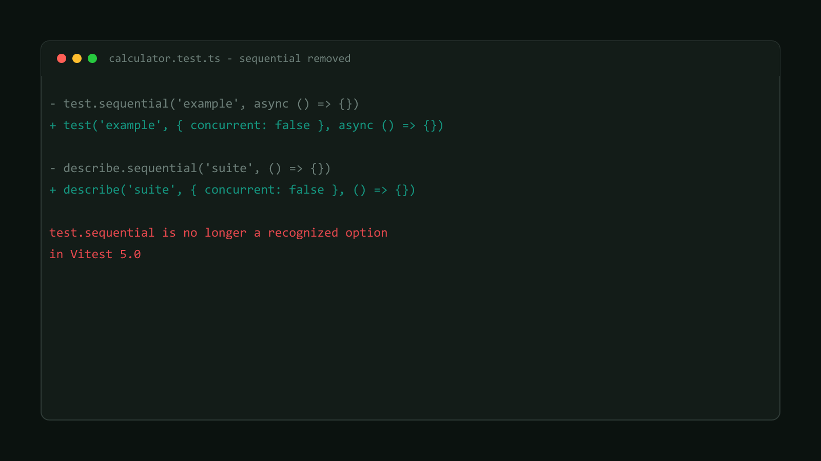 Code diff showing test.sequential and describe.sequential calls replaced with the concurrent: false option in Vitest 5