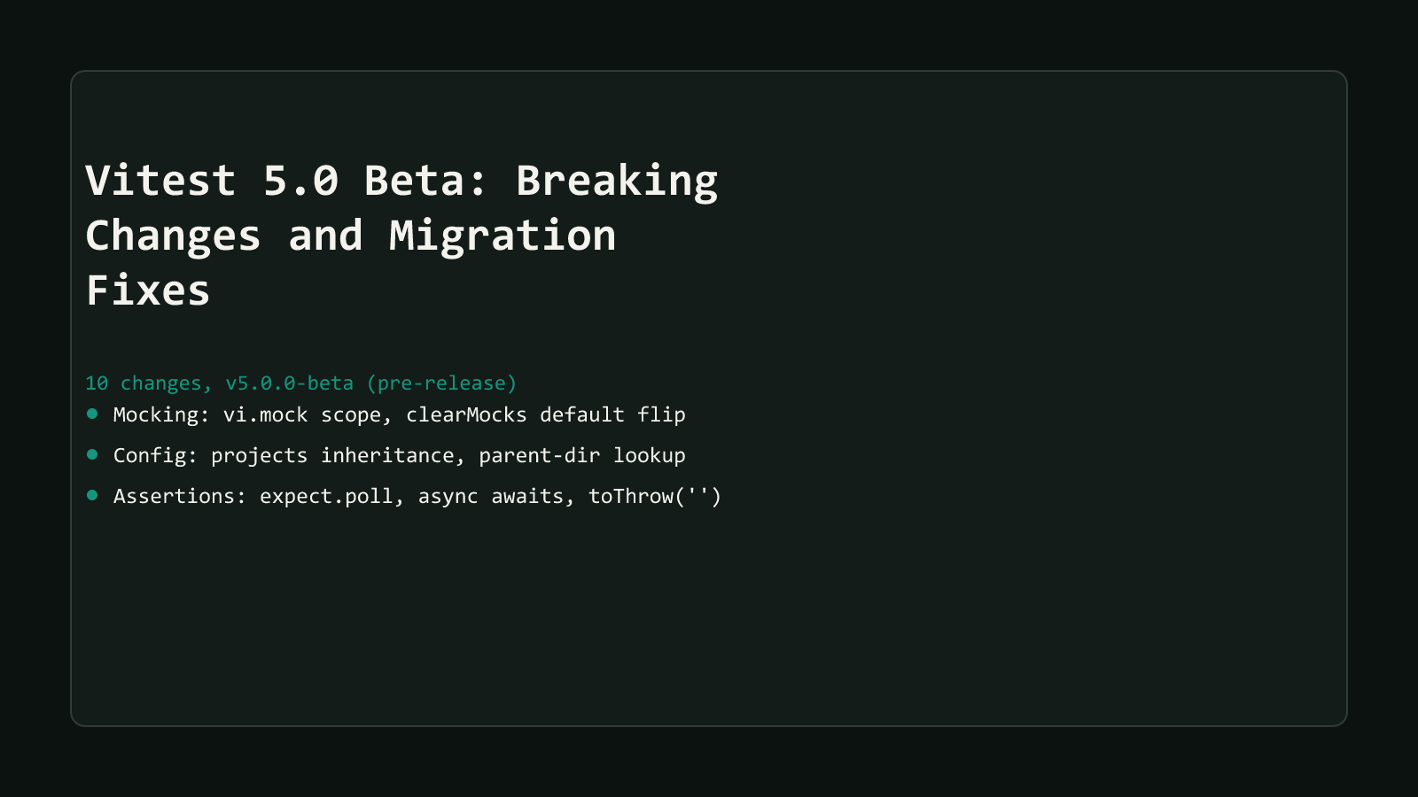 A dark comparison-matrix style cover listing Vitest 5.0 beta's breaking changes across three groups: mocking (vi.mock scope, clearMocks default flip), config (projects inheritance, parent-directory lookup), and assertions (expect.poll, async awaits, toThrow(''))