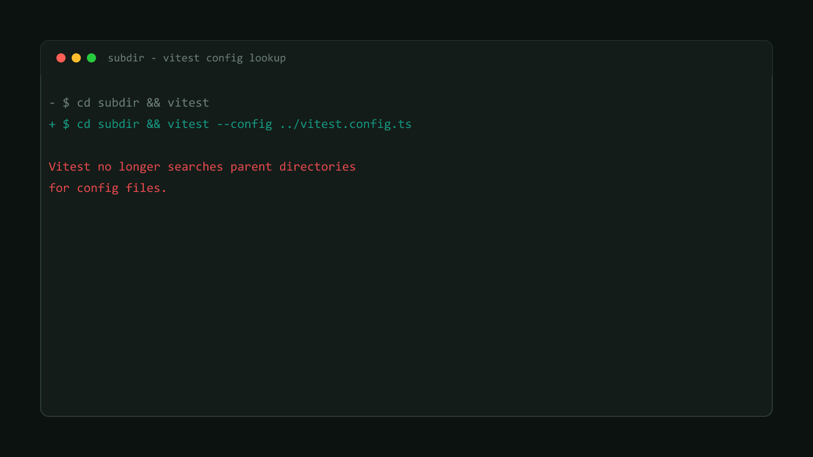Command-line diff showing vitest run from a subdirectory failing to find a parent config, fixed by adding an explicit --config flag