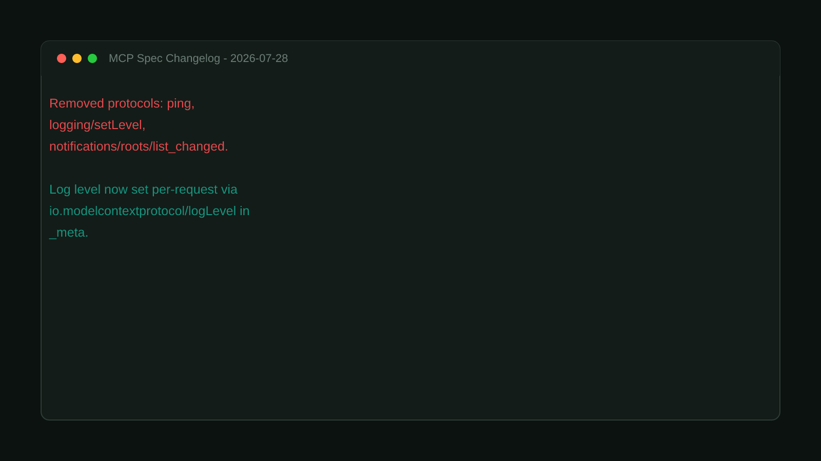 A terminal window showing the verbatim MCP 2026-07-28 changelog entry: removed protocols ping, logging/setLevel, notifications/roots/list_changed