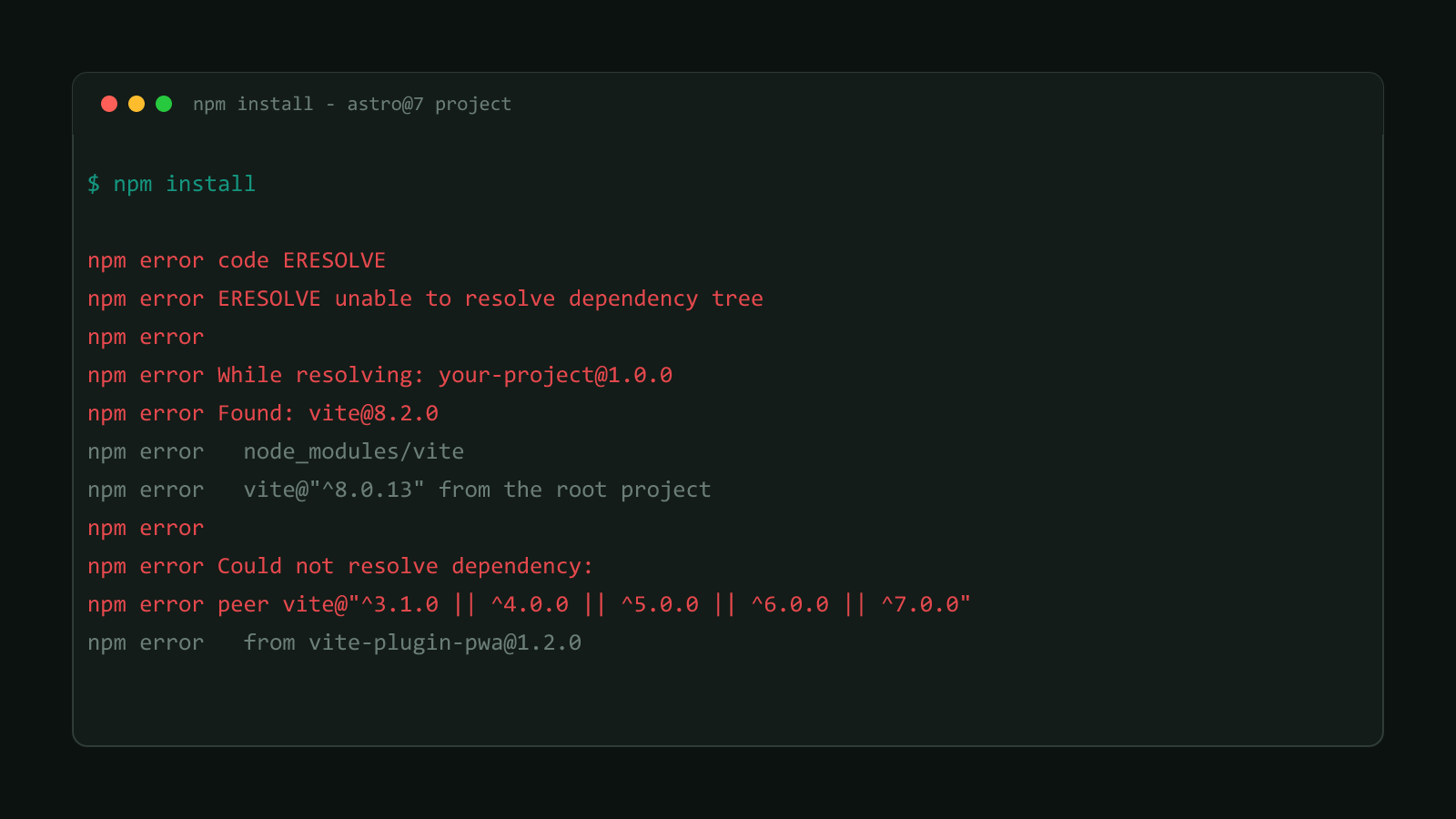 A terminal window showing a real npm ERESOLVE error after upgrading to Astro 7: npm cannot resolve vite@8.2.0 against a plugin's peer dependency capped at Vite 7
