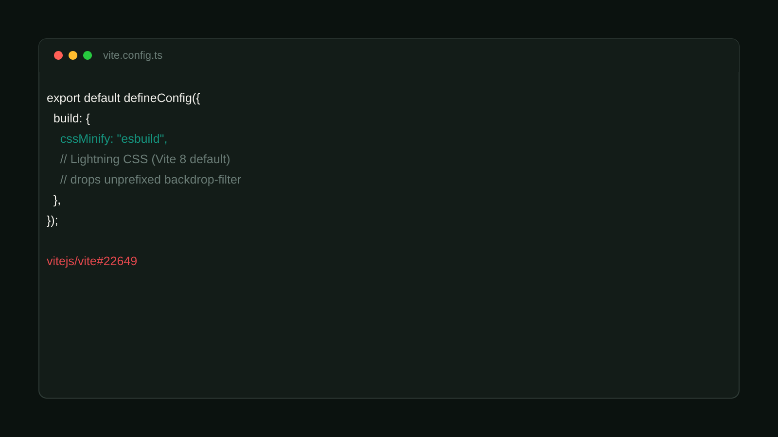 A code comparison showing a CSS rule with both backdrop-filter and -webkit-backdrop-filter before minification, and only -webkit-backdrop-filter surviving after Vite 8's default Lightning CSS minification