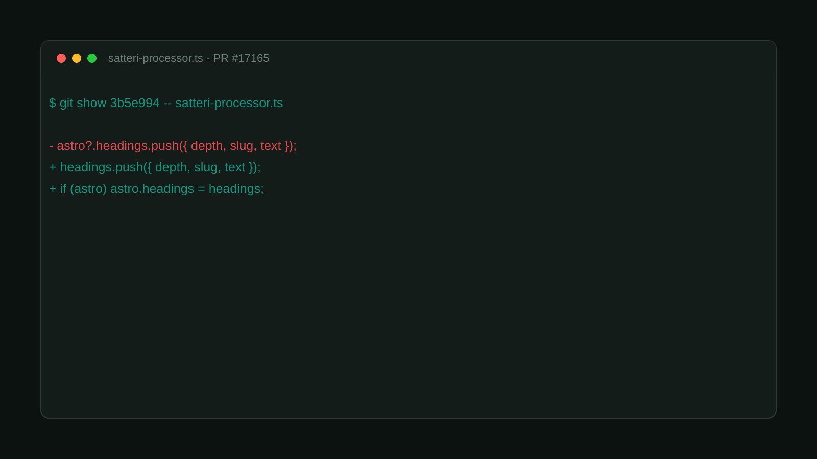 A code diff showing the fix for Astro 7's Satteri heading-ids plugin: collecting headings into a local array and assigning it once, instead of pushing directly onto the shared astro.headings array