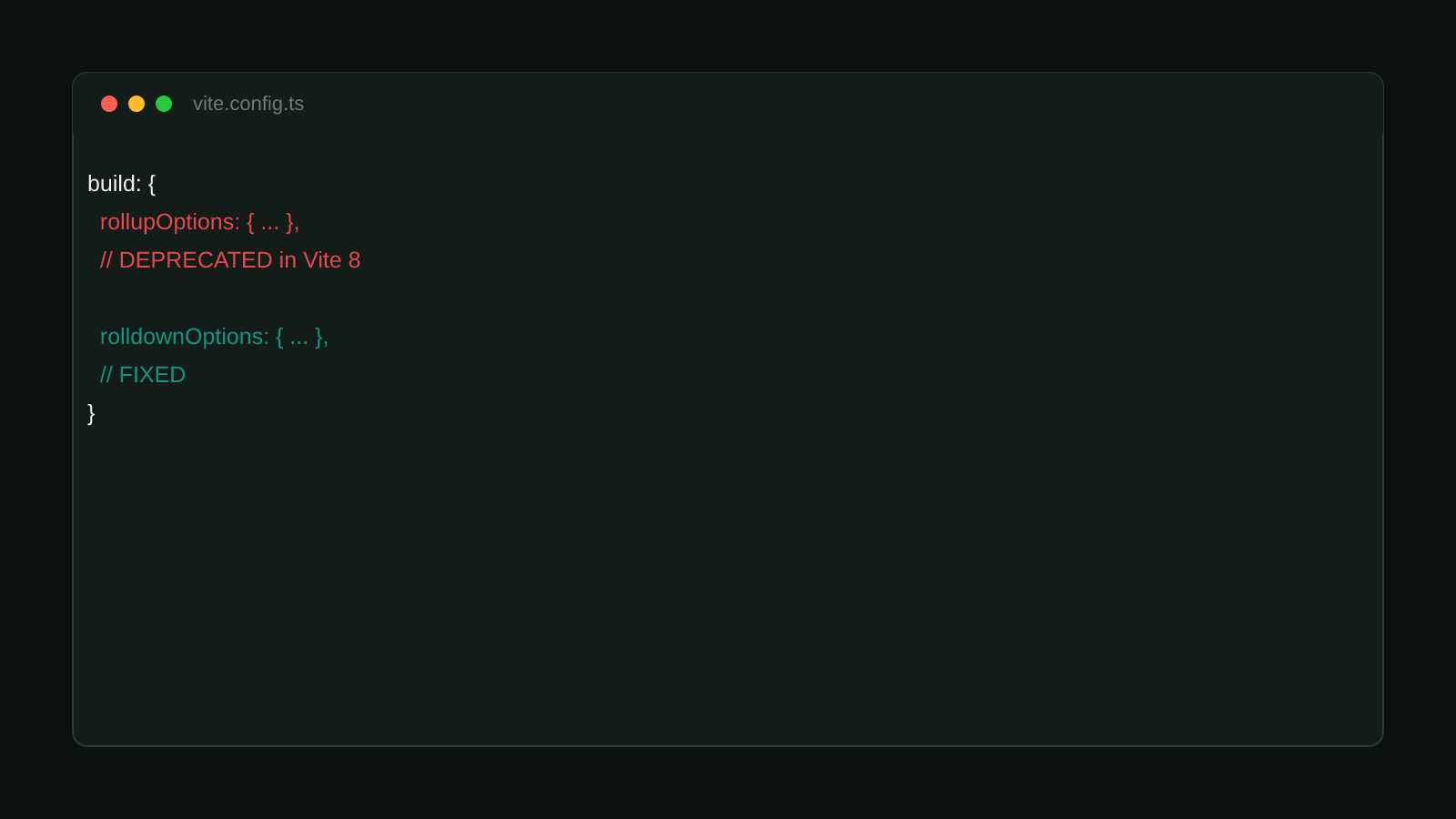 A code comparison showing build.rollupOptions renamed to build.rolldownOptions in a Vite config, with the same manualChunks function unchanged
