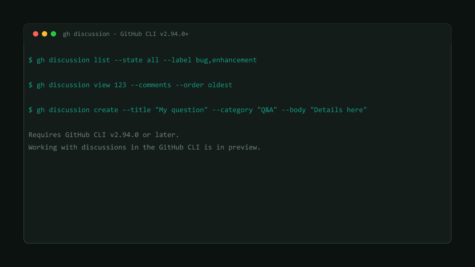 A dark terminal window showing the real GitHub CLI commands gh discussion list --state all --label bug,enhancement, gh discussion view 123 --comments --order oldest, and gh discussion create --title My question --category Q&A --body Details here, with a note that GitHub CLI v2.94.0 or later is required and the feature is still in preview